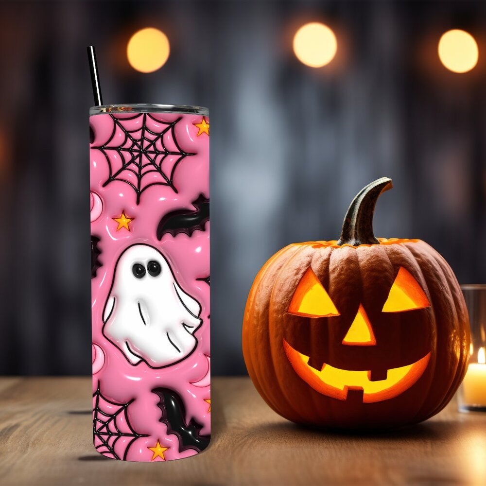 Pink Halloween 3D Ghost 20 Oz Skinny Straight Tumbler - Picture 4 of 5